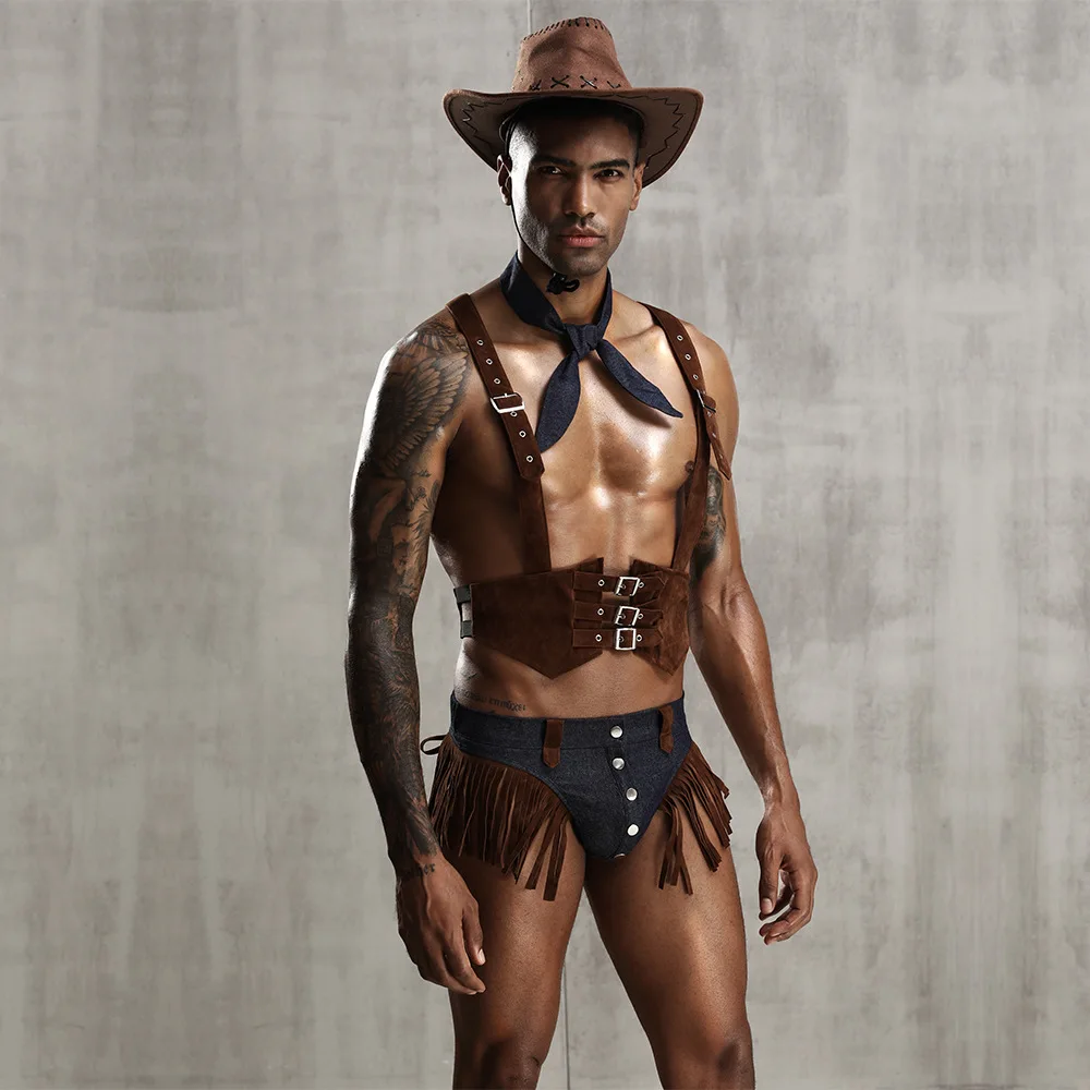 4Pieces Mens Role Play Sexy Cowboy Uniform Set Cosplay Gay Bar Dance Costume Outfit