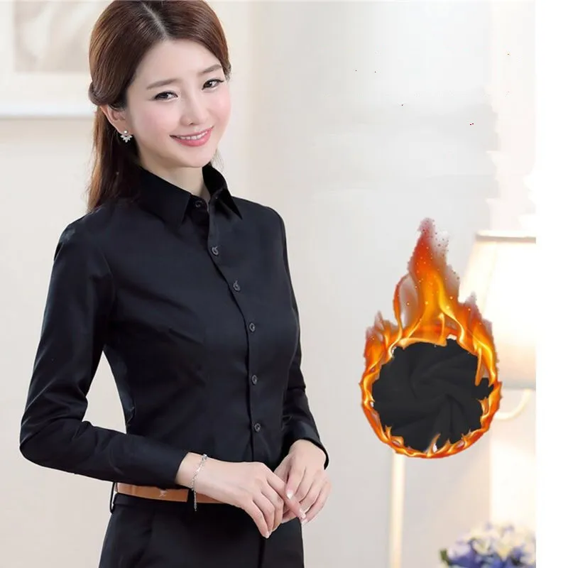 5XL New Winter Women Warm Fleece Shirt 2024 Solid Female Long Sleeve White Fleece Office Work Shirt Tops Blouse Autumn Clothes