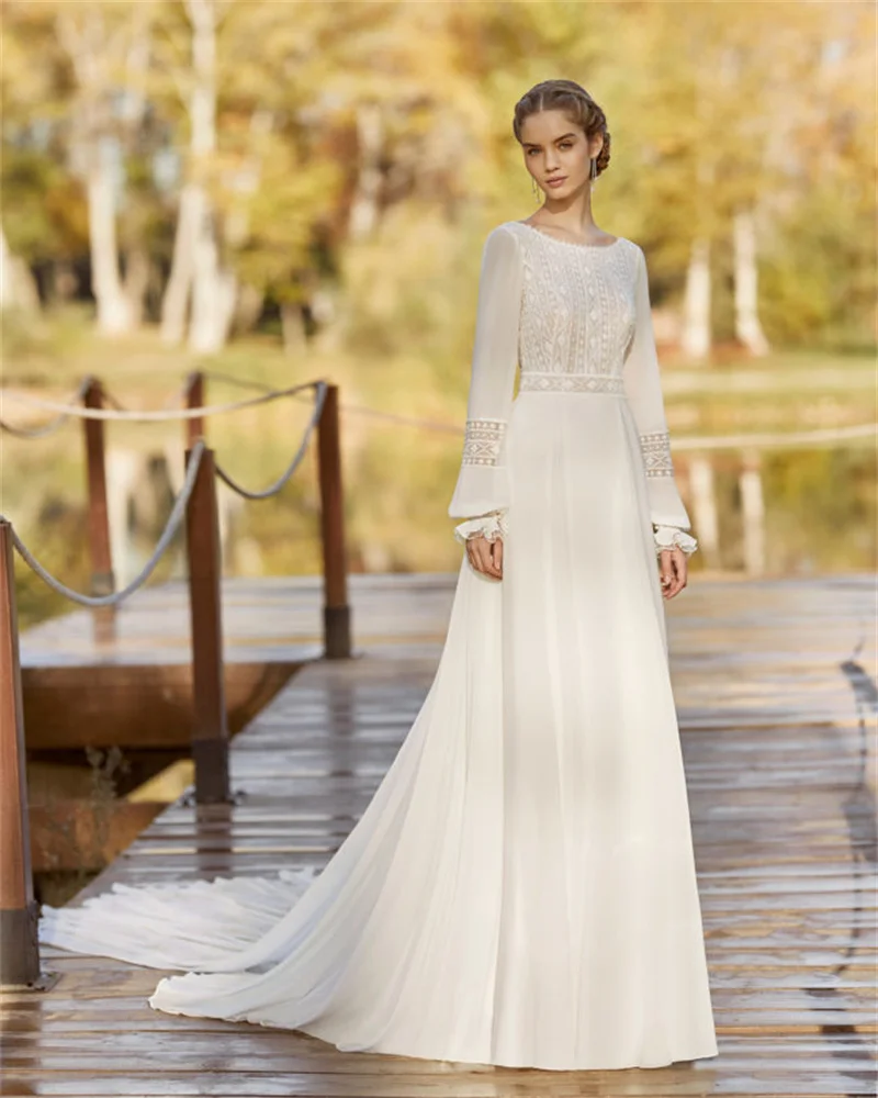 Robe de mariée en dentelle, longueur au sol, Appliques, traîne de balayage, manches longues, col en v, dos nu, robes de mariée de haute qualité, époustouflante