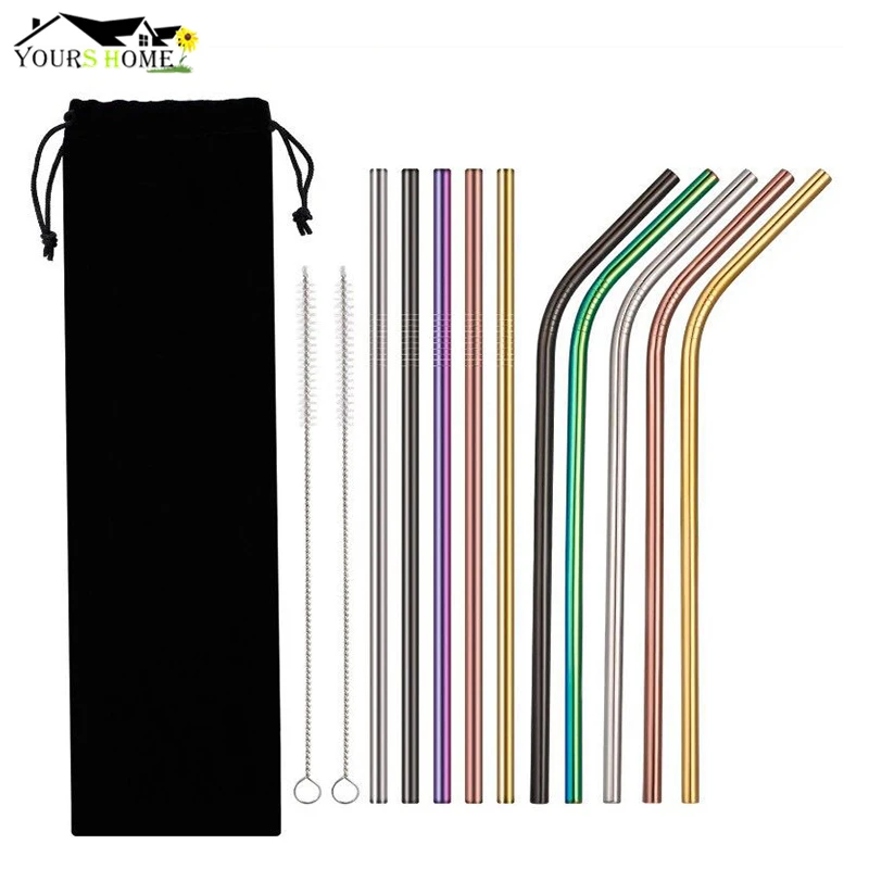 

8pcs Straws + 2pcs Brushs Metal Drinking Straw Stainless Steel Reusable Straws For Beer Fruit Juice Drink Barware