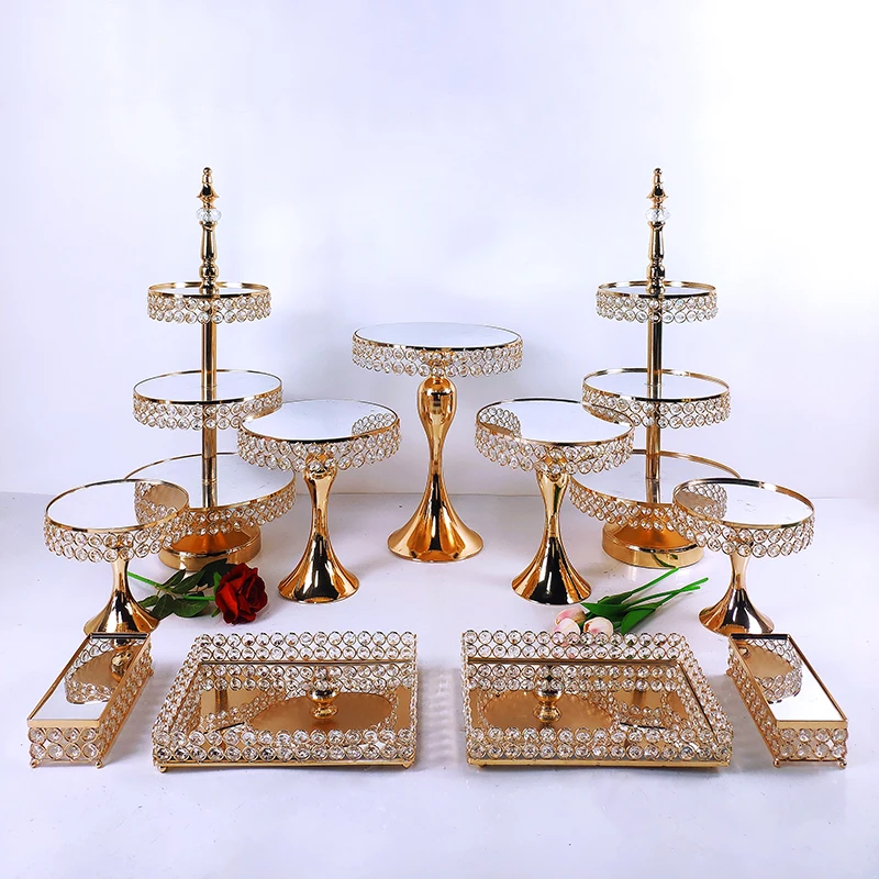 6-16pcs Crystal Metal Cake Stand Set  Acrylic Mirror Cupcake Decorations Dessert Pedestal Wedding Party Display Tray