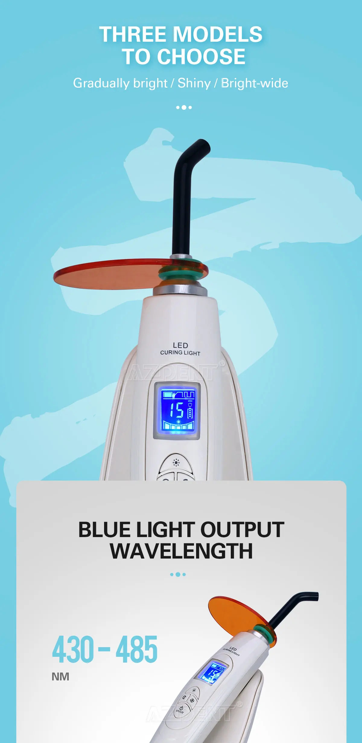AZDENT Dental-Härtungslicht, LED, kabellos, Glasfaser-Härtungslampe, 800–2000 mW/cm2, drei Gänge, Ausgang, einstellbares Timing – Detail 4