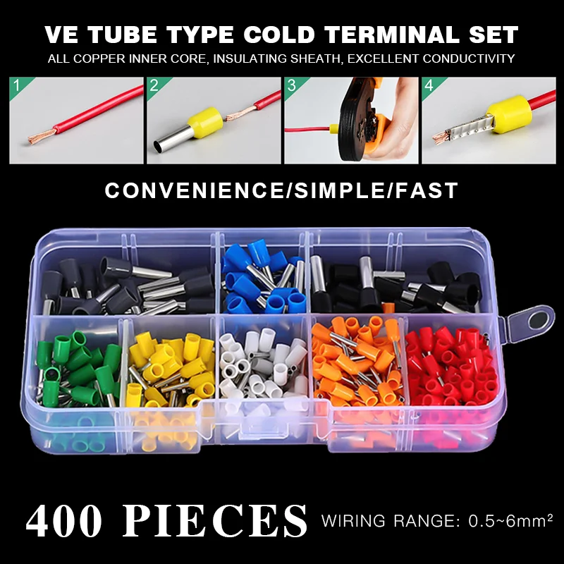 400pcs/Set 0.5-6mm2 Insulated Cord Pin End Terminal Ferrules Kit Wire Copper Crimp Connector