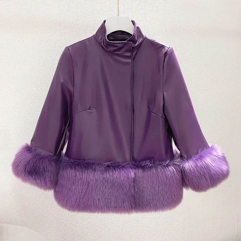 Cappotto di pelliccia di volpe sintetica donna di alta qualità di lusso corto colletto alla coreana Splicing giacca di pelliccia cappotti di pelle femminile 2024 autunno inverno S-4XL