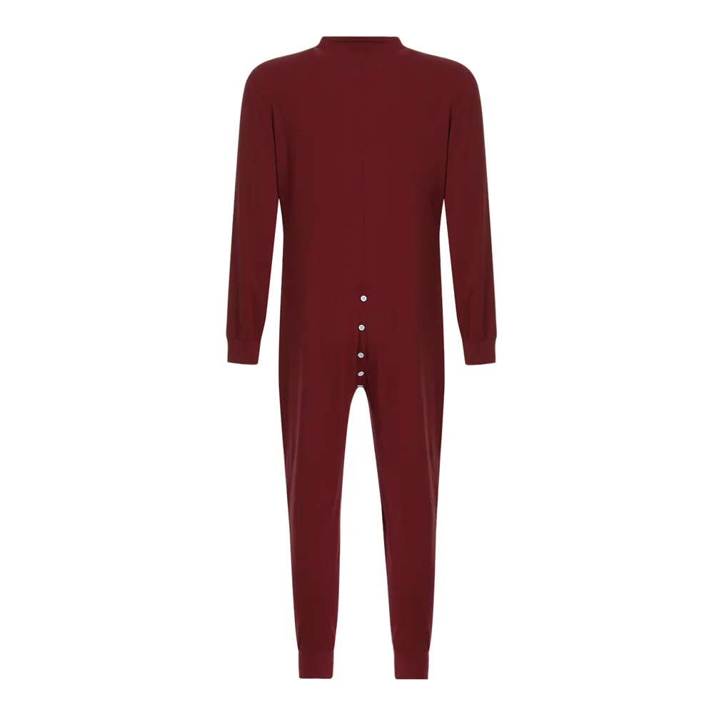 Mens Jumpsuit Romper Pajamas Button Down Single-breasted Bodysuit Long Sleeve Bodycon Sleepwear Male Autumn Solid Home Clothes