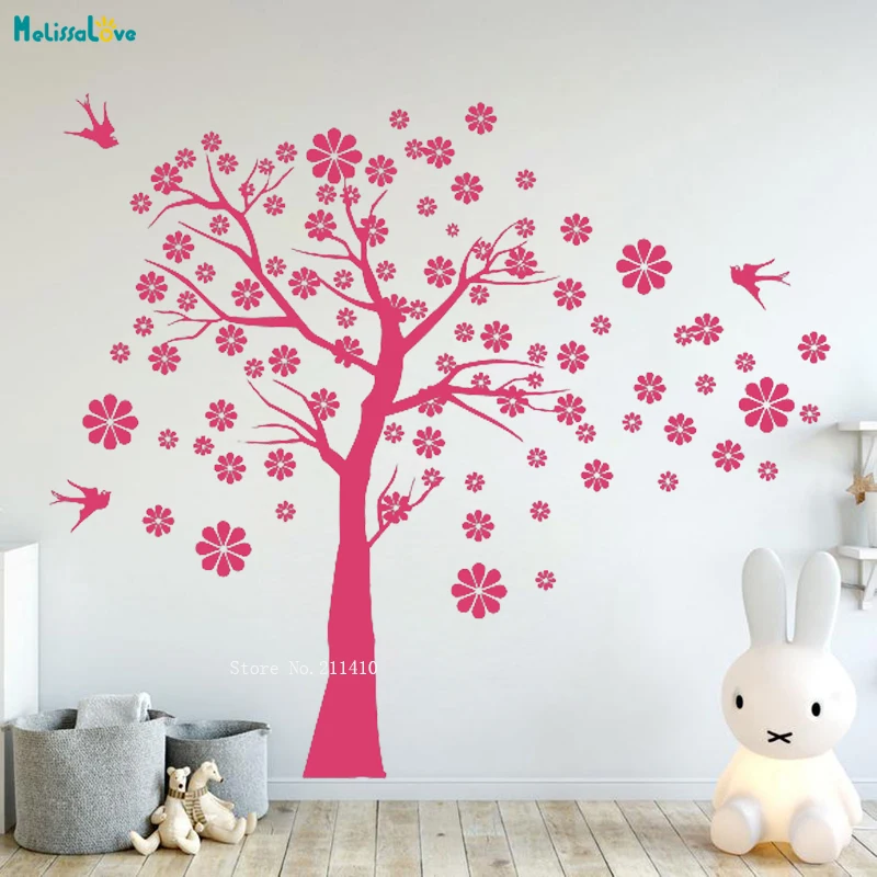 Simple Monochrome Wall Decal Lovely Cherry Tree Swallow Bird Floral Vinyl Sticker Art Murals Removable YT4076