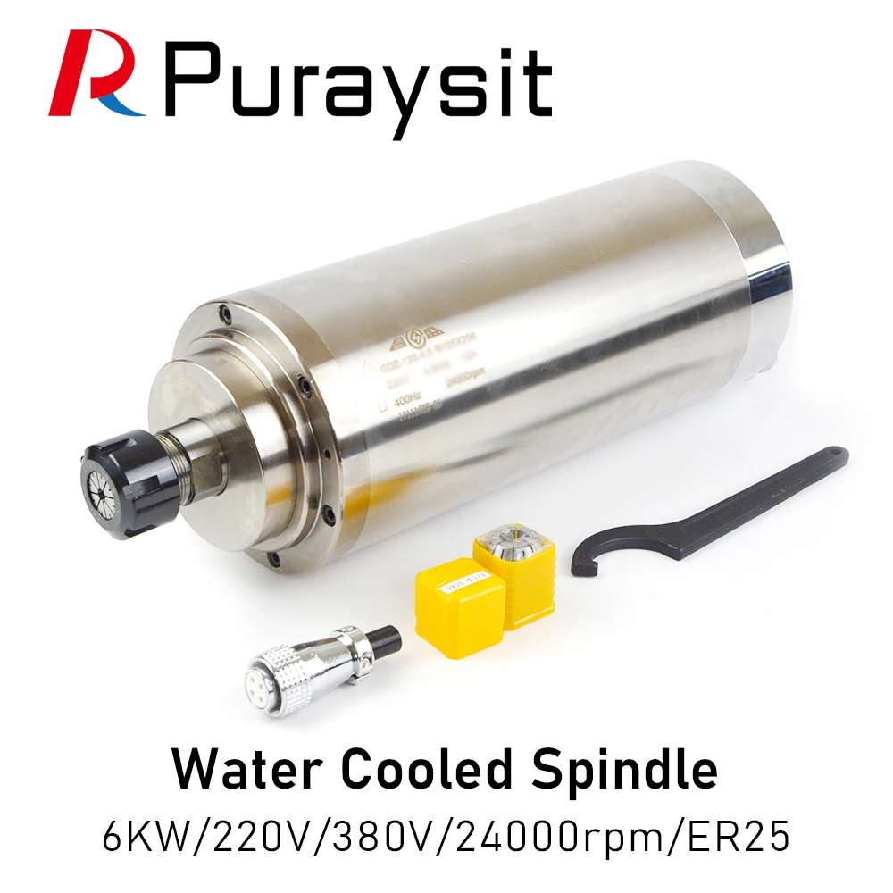 Puraysit Water Cooling Spindle GDZ-125-6KW ER25 380V 8A 220V 12A 24000rpm CNC Router Spindle Motor for CNC Router Machines