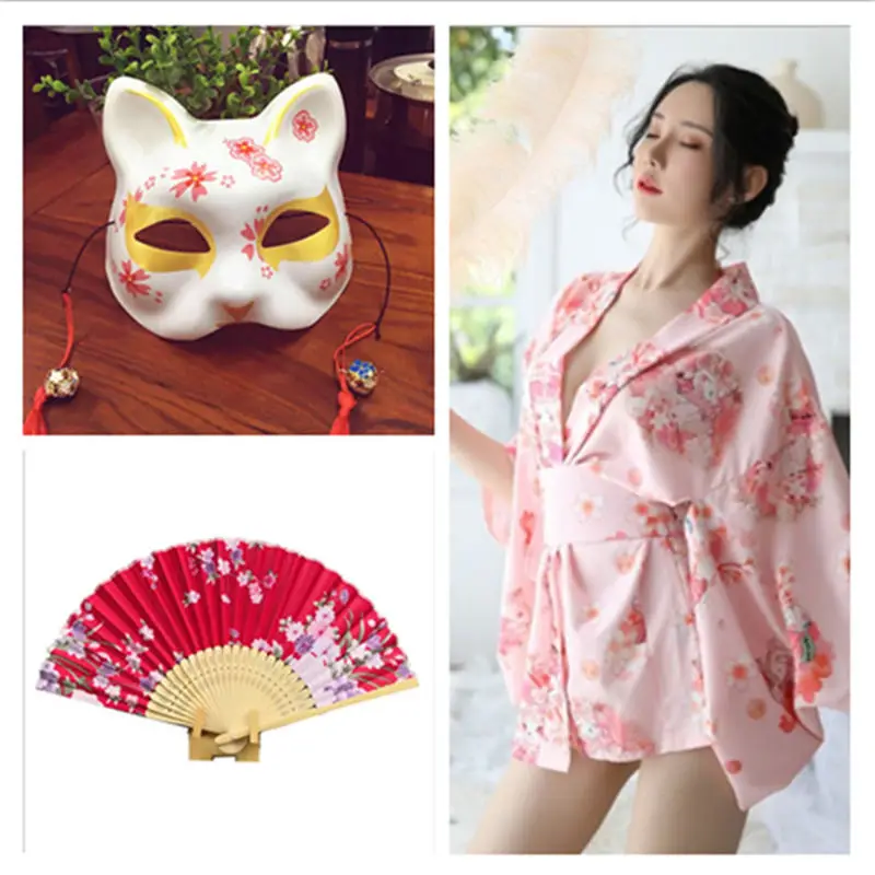 2020 Chiffon Suit Japanese Exquisite Printed Cardigan Bathrobe Pajamas Sexy Underwear New Kimono Plus Fox Mask And Folding Fan