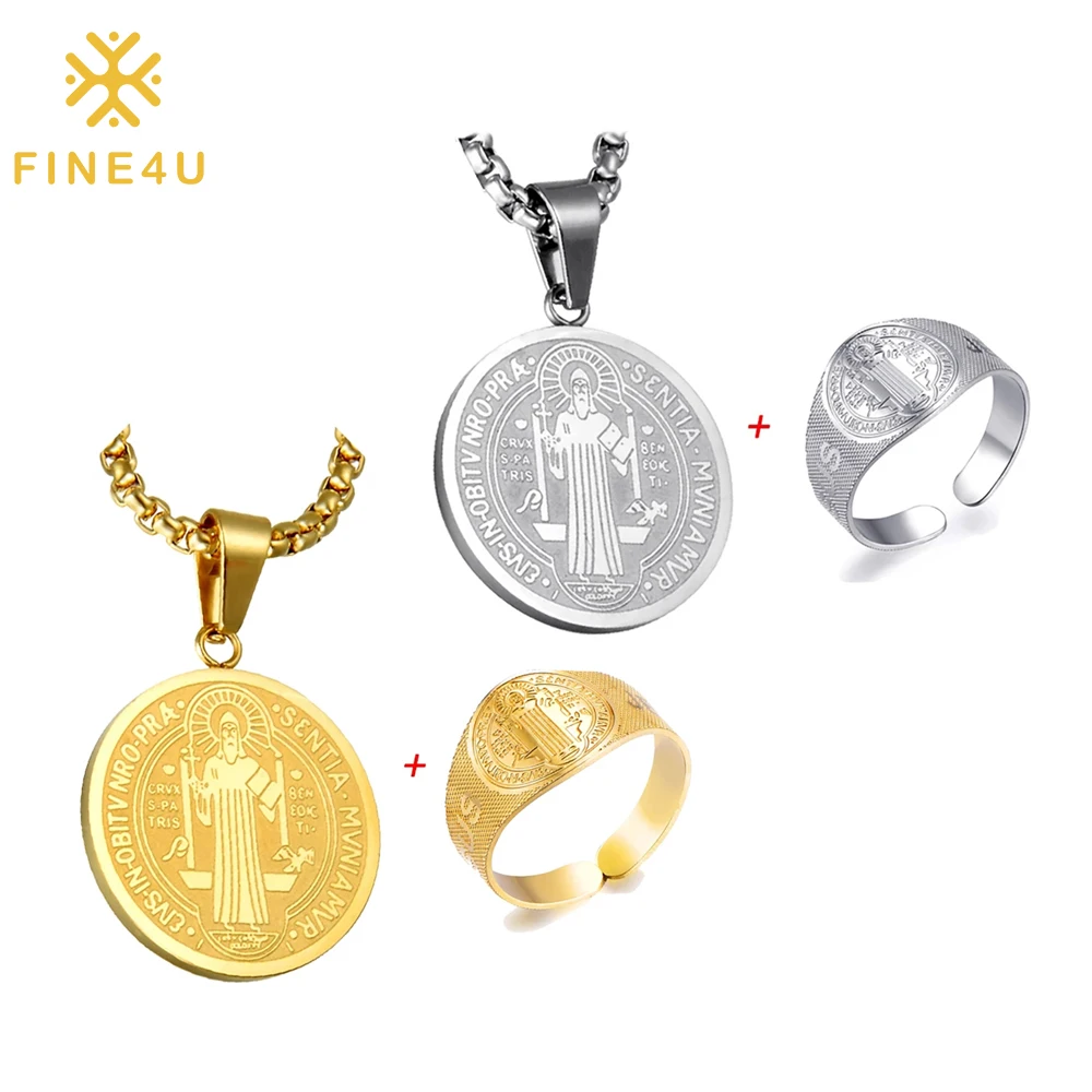 Fine4u j010 aço inoxidável st. benedict medalha colar e anel conjuntos jesus san benito conjunto de jóias para homens