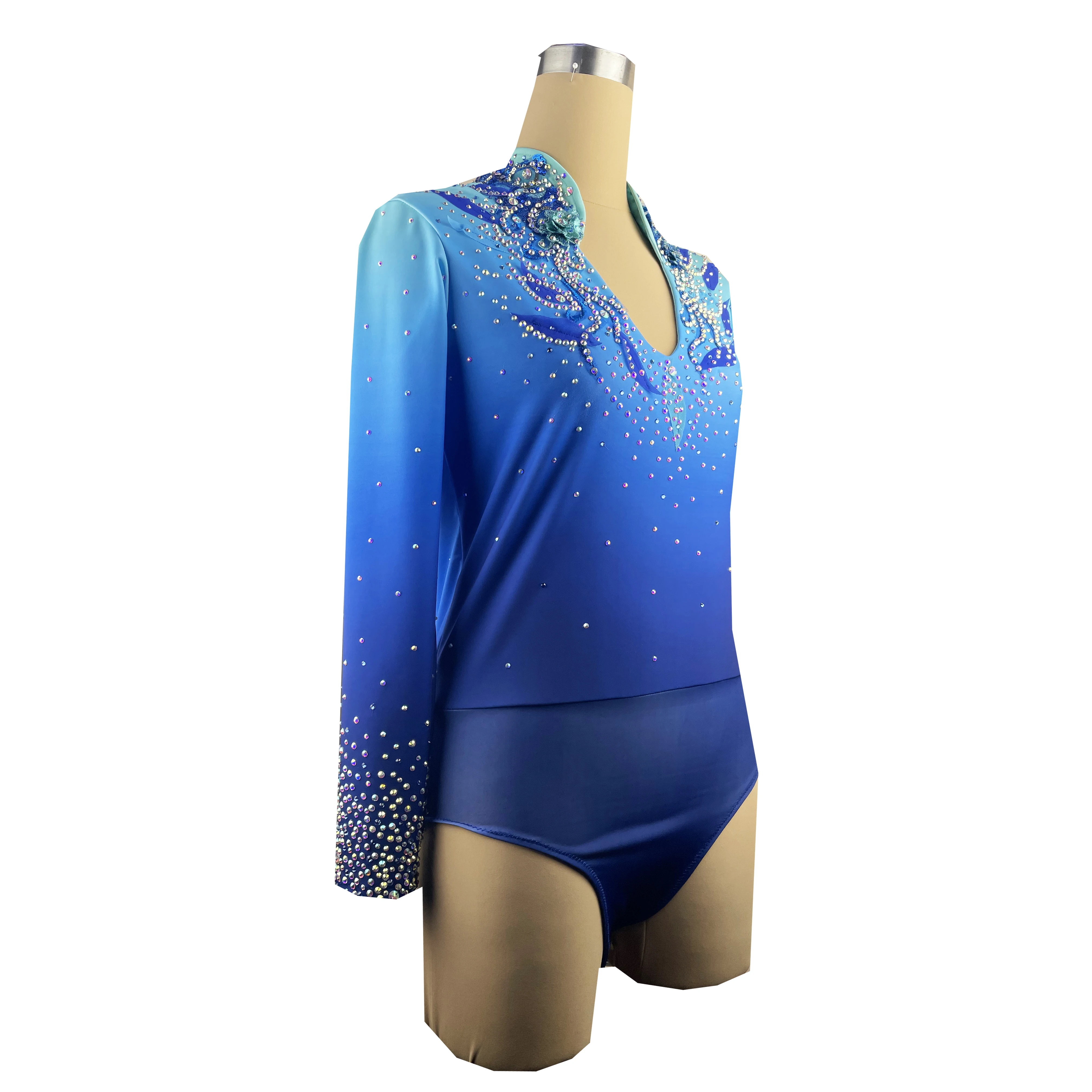 Blue Figure Skating Dress  Long-Sleeved Ice Skating Skirt Spandex