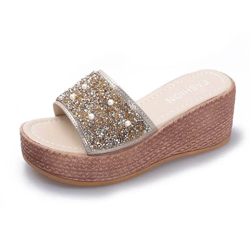 High Heels Slides 2021 Summer Women Platform Wedge Sandals Shoes Lady Shiny Gold Black Pumps Female Wedding Heels Slippers