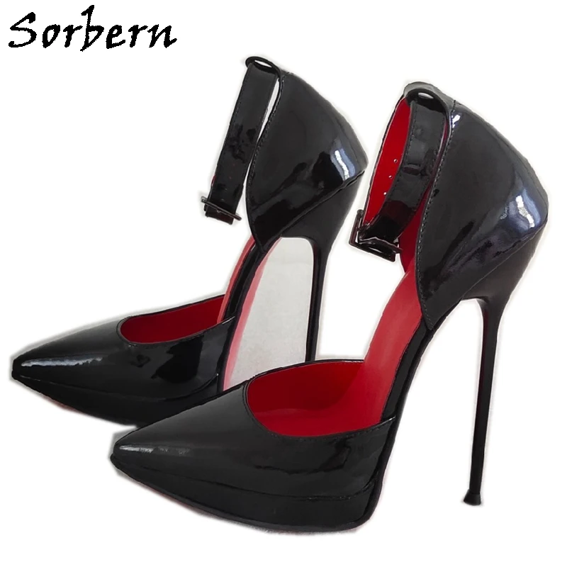 Sorbern 16Cm Steel Heel Women Pump Shoes Ankle Strap Two-Piece Pointy Toe Shoes Platform Red Lining Pump Stilettos Fetish Heel