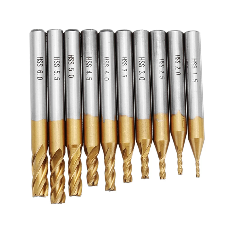 4 Flutes HSS Titanium Coating End Mill Cutter 6mm Shank CNC Router Drill Bits For Wood Steel 10pcs 1.5-6mm or 6pcs 2-6mm