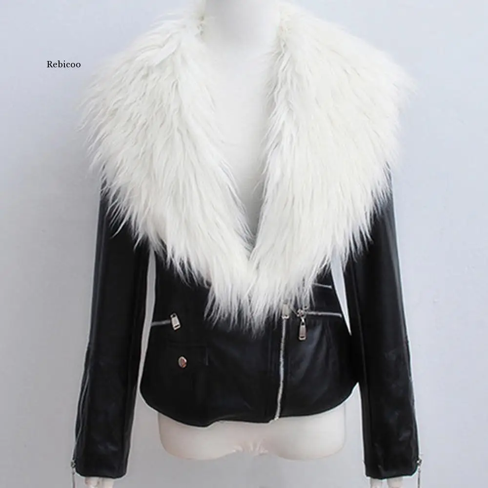 Winter Fur Neck Jacket Long Sleeve Elegant Slim Women Leather Jacket Female Clothing  Coat