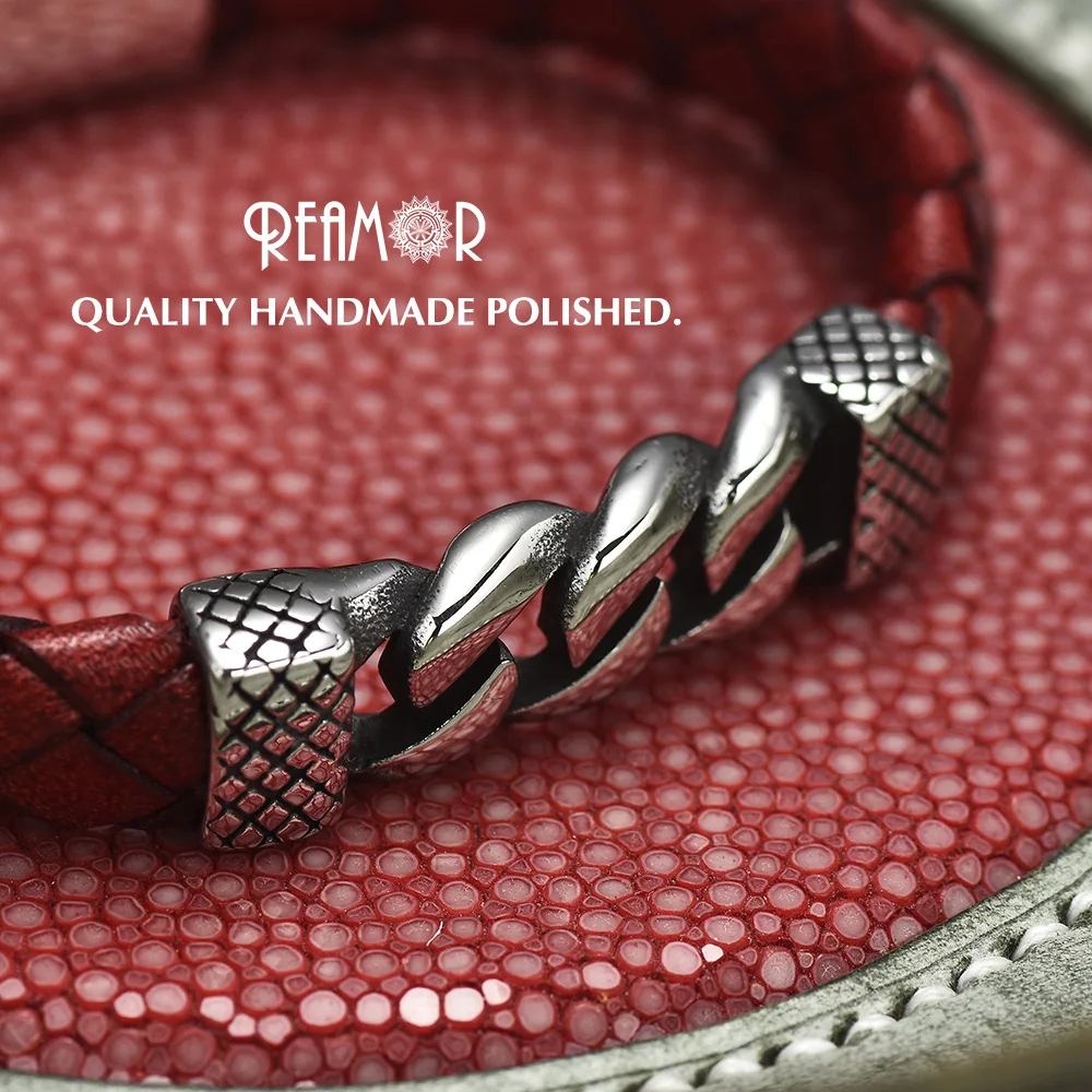 REAMOR Classic Stainless Steel Bracelets & Bangles Men's Fashion Red Genuine Leather Bracelet Wristbands Gift Male Jewelry