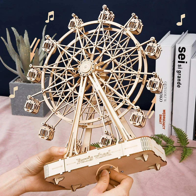 Robotime-Rotatable Ferris Wheel Model com música, DIY brinquedos de madeira para crianças, aniversário, TGN01