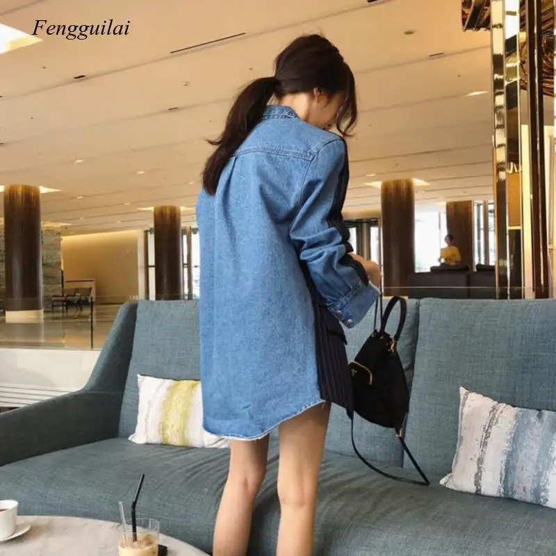 Dunkelblau Lange Ärmeln Denim Stitching Farbe Einreiher Blazer Femme Jacke Mode 2021 Mantel Neue