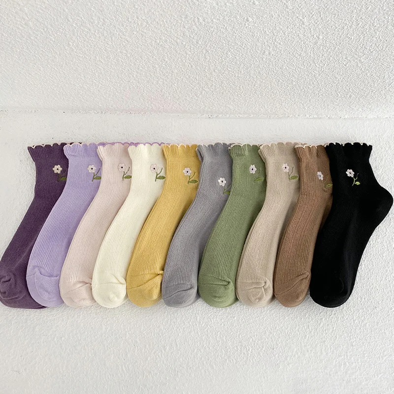 CHAOZHU Japanese Korea Kawaii Women Socks Rib Solid Colors Loose Students Floral Sewing Stretch Ankle Spring Summer Fall Sox