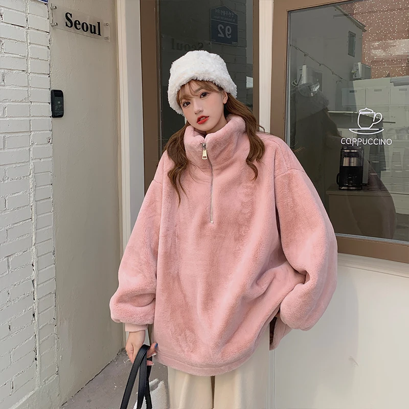 

2020 Women Winter Stand Collar Thicken Lambwool Jacket Sweatshirt Full Sleeve Loose Hoodies Casual Pullovers Warm Clothes