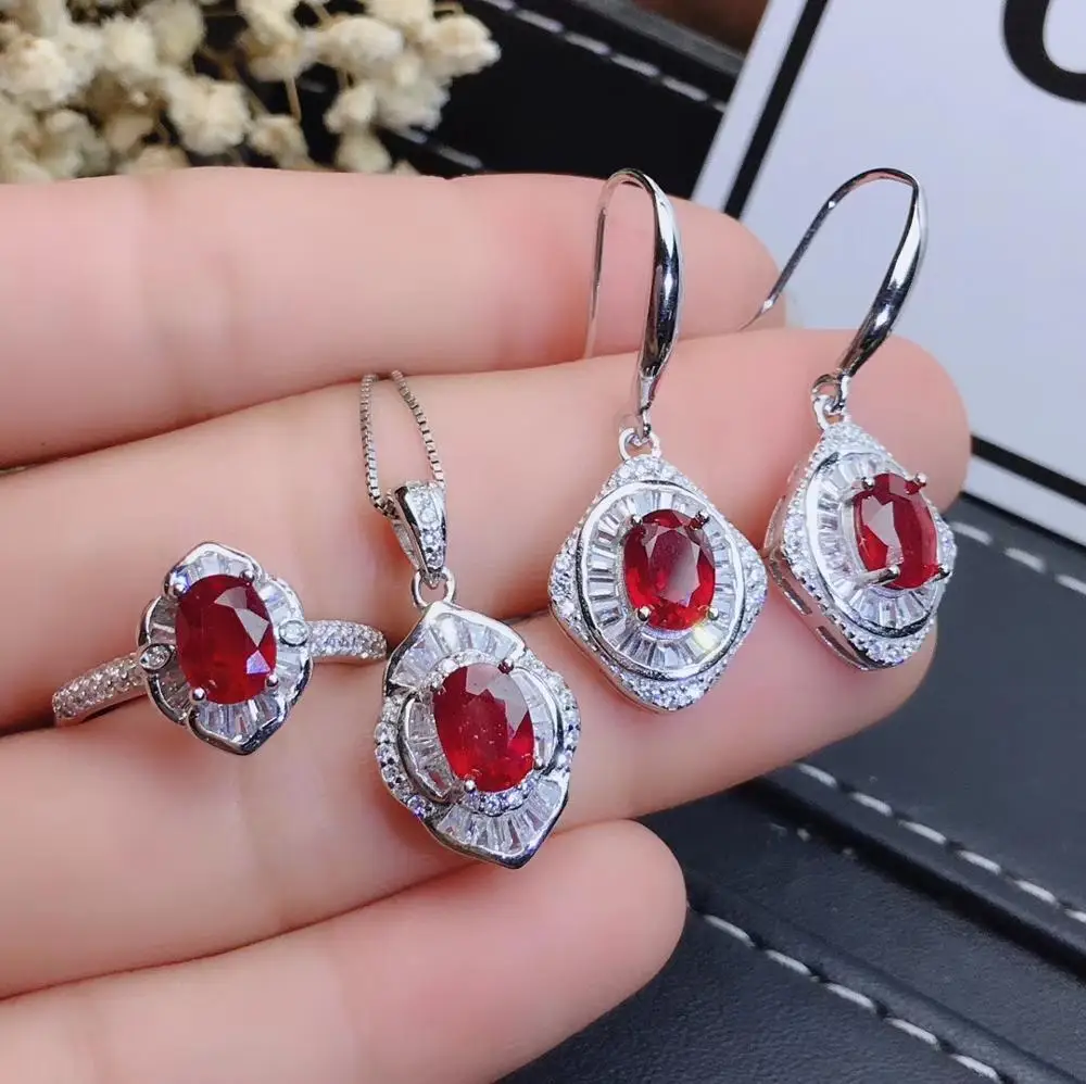 KJJEAXCMY fine jewelry natural ruby 925 sterling silver women pendant necklace chain earrings ring set support test fashion