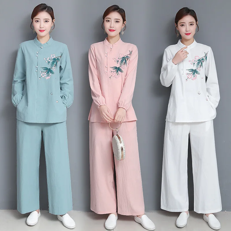 

Linen Yoga Set Women Loose Printed Chinese Traditational Sweatshirt+pant Jogger Fitness Workout Casual Meditation Tai Chi Set