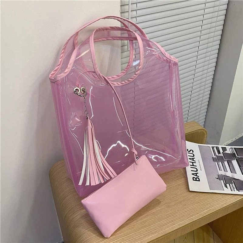 

New Fashion Transparent Bag 2021 Summer Jelly Large Shoulder Bag PVC Ladies Leisure Beach Composite Bag Tote Bag Wallet