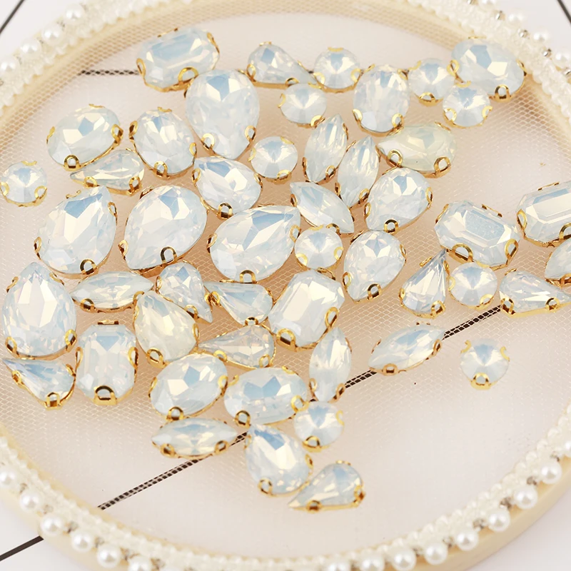 Mixed Shape 50pcs White Opal Rhinestones With Gold Claw Flatback Sewing Diy Craft Accessories Resin Rhinestones With Holes