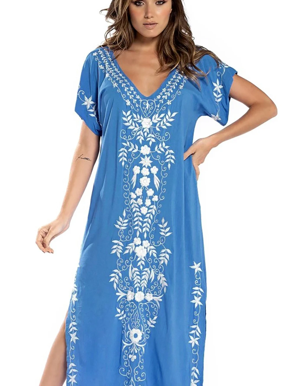 Bsubseach V-hals Korte Mouwen Strand Lange Jurk Badpak Cover Up Voor Vrouwen Badmode Turkse Kaftan Caftan Badpak Coverup