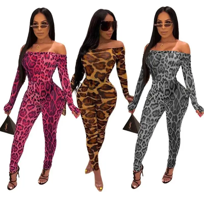 New leopard print flared sleeve autumn/winter jumpsuit women\'s Pants yellow red gray Fashion Slim Ladies Sexy Bodycon Jumpsuits