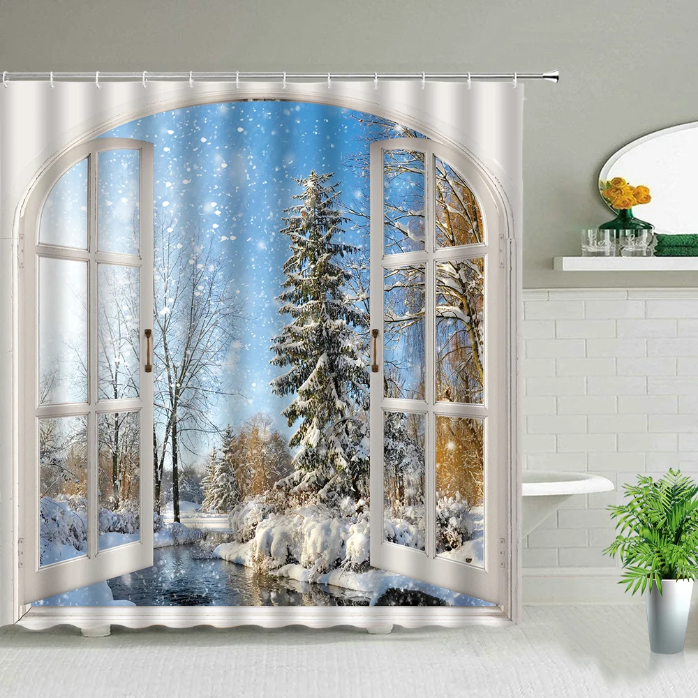 Natural Landscape Waterproof Bathroom Shower Curtain Set Beach Scenery Snow Scene Waterfall Window View Bath Curtains Home Decor