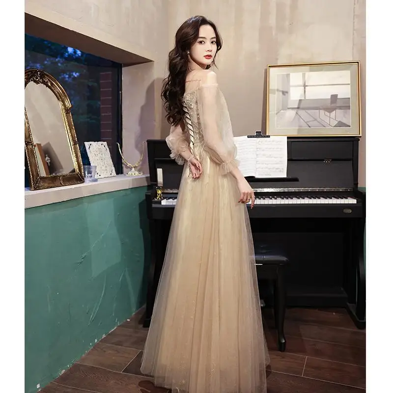 French Style Appliques Illlusion Full Sleeve Evening Dress For Women Lace-Up Floor-Length Embroidery Gentle Pageant Gowns