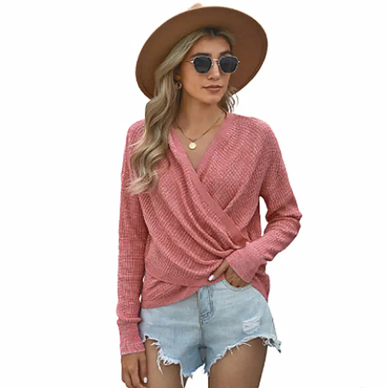 Spring Autumn Polyester Women\'s Sweater V-Neck Long Sleeve Pullover Knitted Solid Fashion Casual Sweater