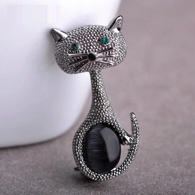 Vintage Green Eyes Cat Brooch Corsage Antique Gold Color Opals Animal Brooches For Women Kids Pins Jewelry