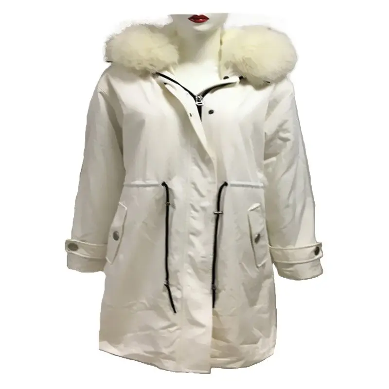 Noble Long Parka Pure White Mink Fur Lined Coat Women Winter Jacket With White Fox Fur Collar