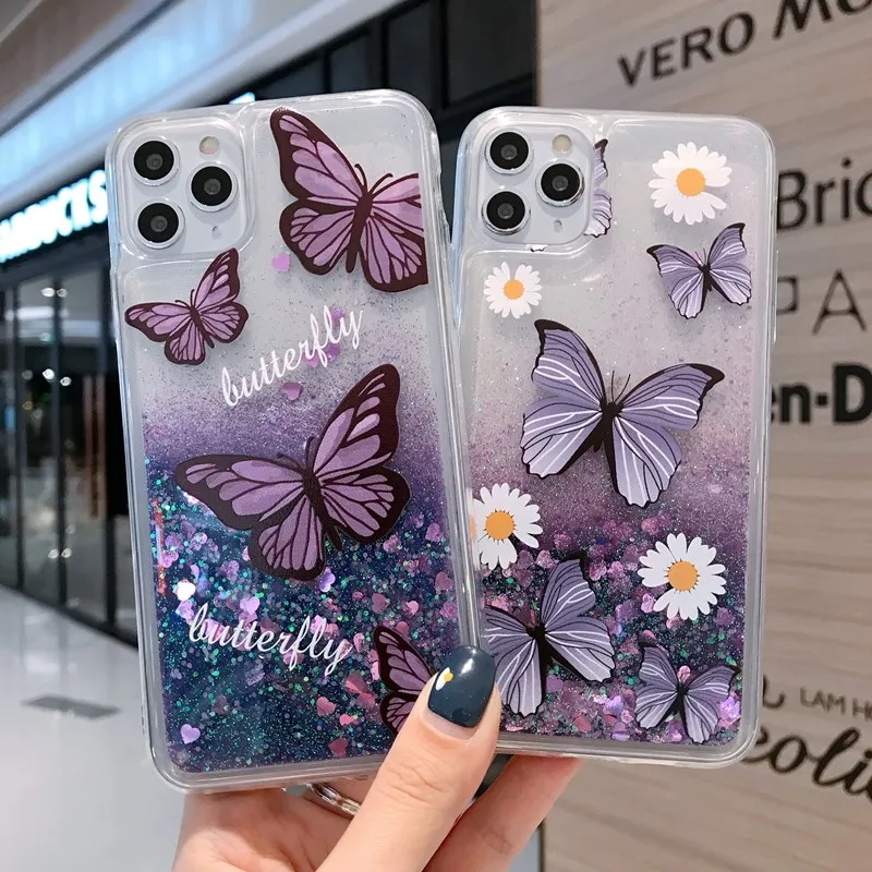 KOL Purple Butterfies Quicksand Phone Case For iPhone 15Pro 14 13 12 11 XS XR MAX 678PLUS SE2 Cover Skinny Body Shell Protection