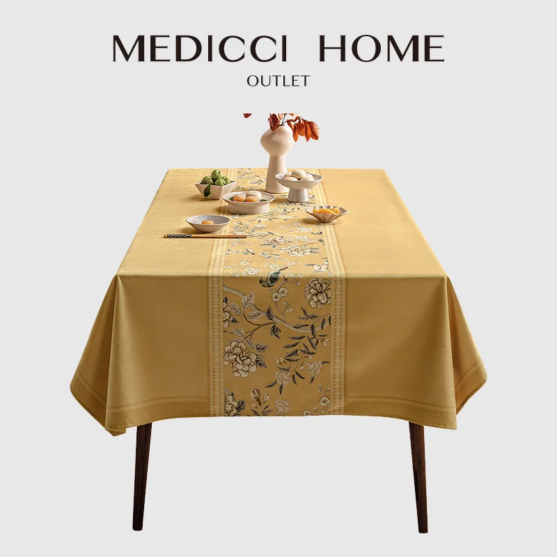 Medicci Home Vintage Table Cover American Chinese Mashup Style Rectangle Tablecloth Turmeric Yellow Wedding Dining Decorations