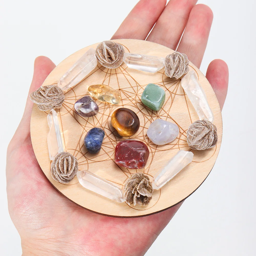 7pcs/set Natural Crystal Mixed  seven Chakra Healing Stone + Seven Star Array Wood Plate Gravel Chips Chakra Home decor Gift