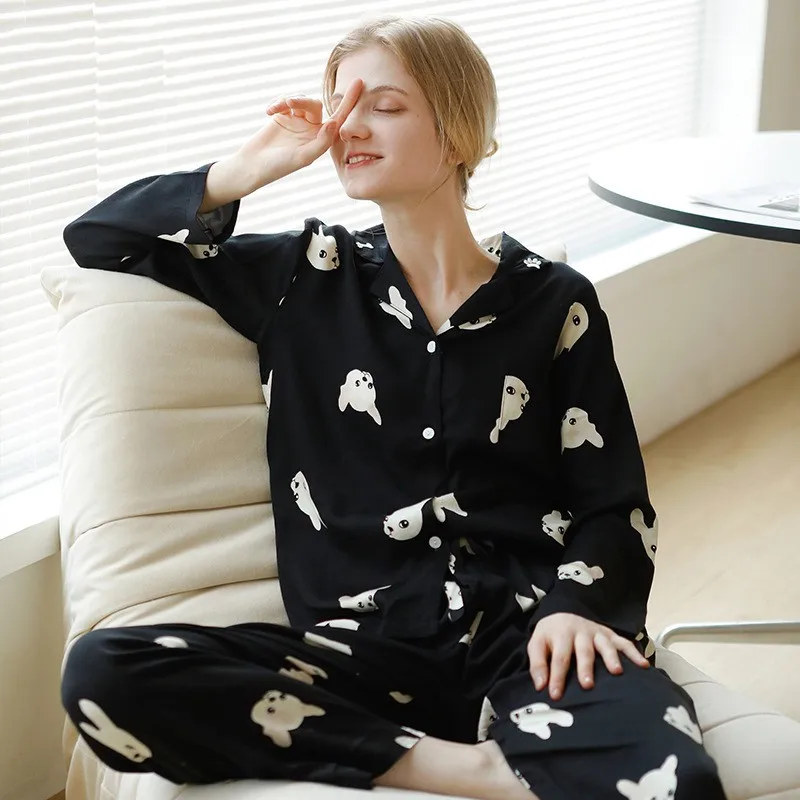 

Lovers Pajamas Set Spring Autumn Long Sleeve Trouser Suits Sleepwear Black Print Dog Nightwear Pijamas Suit Viscose Home Clothes