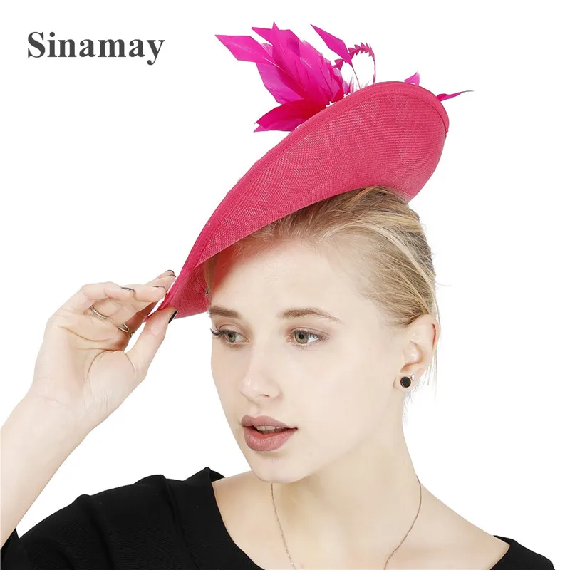 Vintage Hot Pink Kenducky Derby Party Hat Lady Fascinator Hair Accessories Women Elegant Veils Bridal Headwear Fashion Headdress