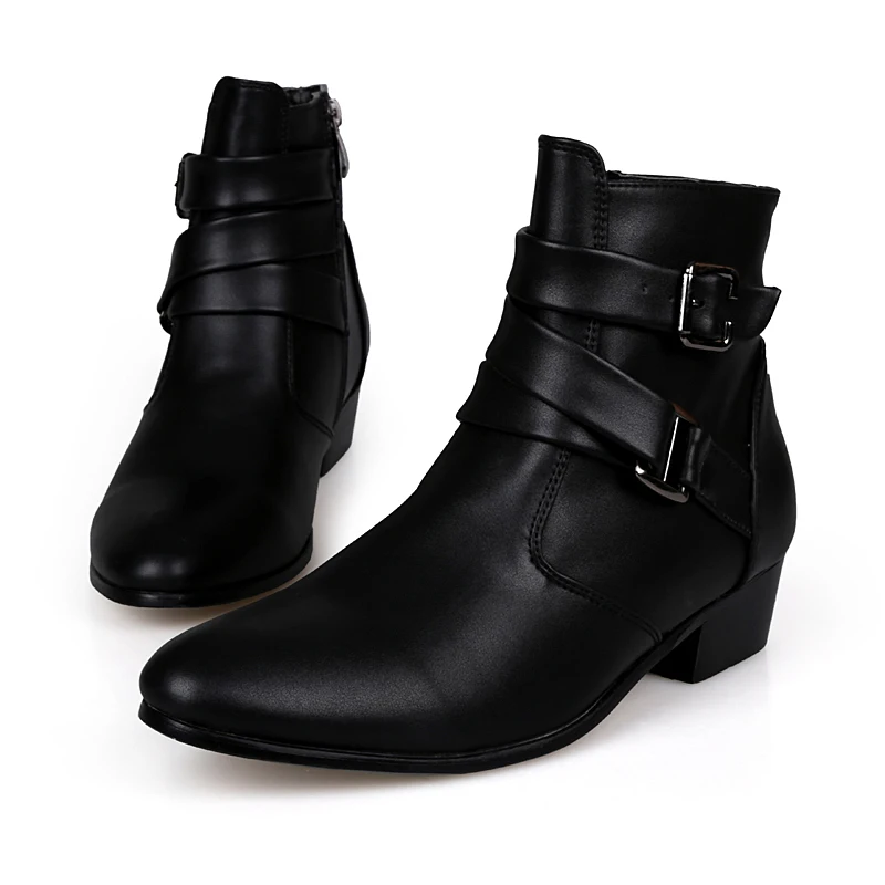 VUSUVON Fashion Men Spring Autumn Pointed Toe Height Increase Chelsea Ankle Boots Western High Top Casual Shoe PU Leather