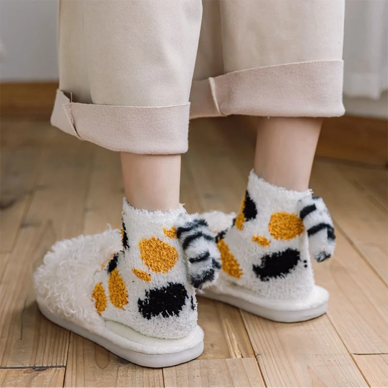 Women Winter Cute Cat Paw Fuzzy Slipper Socks with Grippers Cartoon 3D Kitten Plush Tail Anti-Skid Fluffy Warm Floor Sleeping