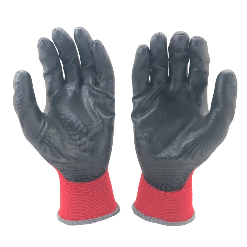 2023 New Women\'s Gardening Men\'s Construction Protective Gloves Knitted Red Nylon Dipped PU Rubber Safety Work Gloves.