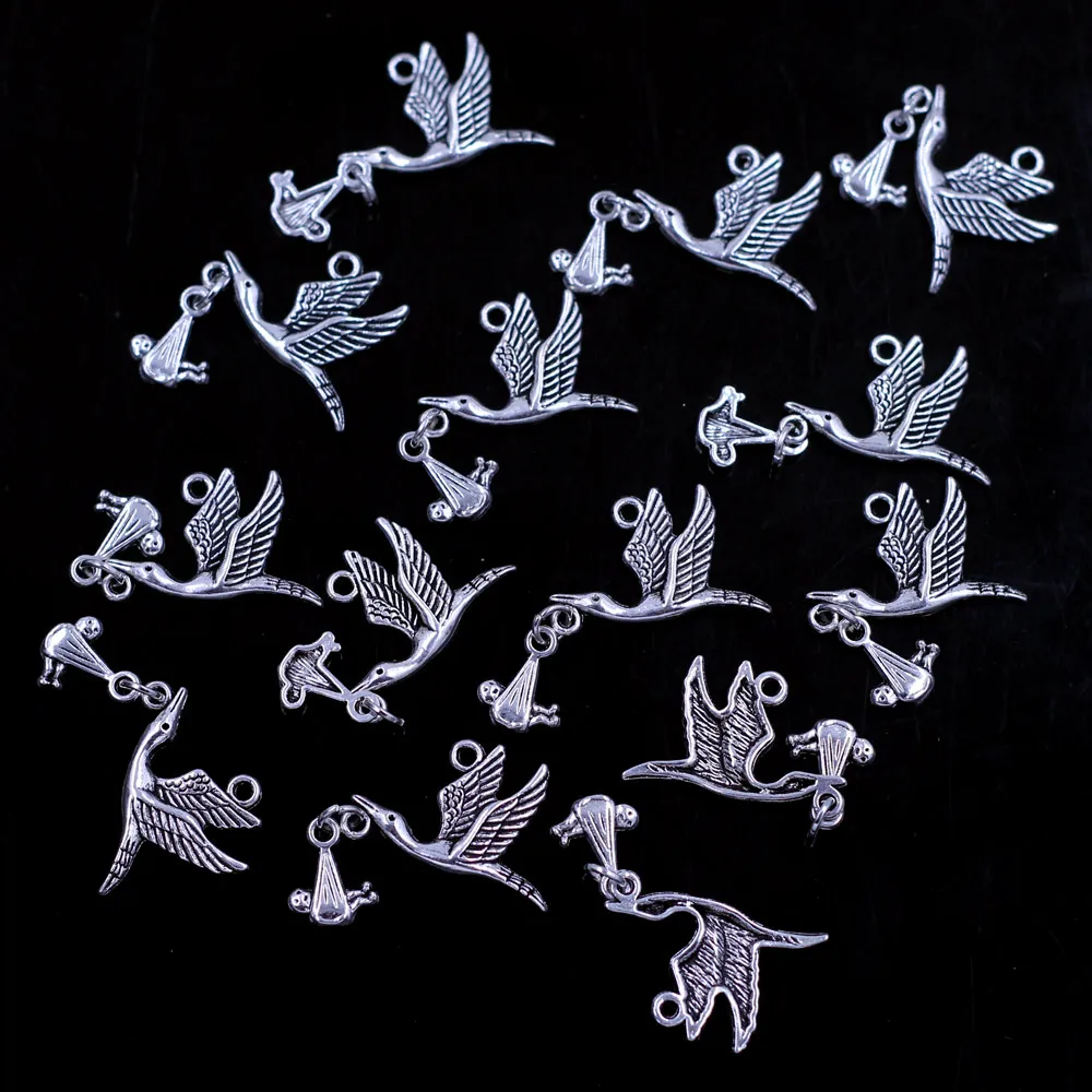 10Pcs Pendants Flying Stork Bird With Dangling Baby Silver Tone Jewelry DIY Findings Charms 17mm