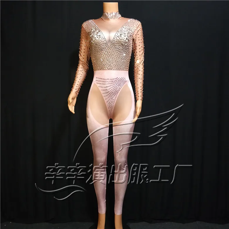 

Shining Rhinestones Costumes Long Sleeves Sexy Jumpsuit Women Party Rompers Spandex Outfit Evening Female Singer Dance Bodysuit