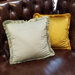 Luxurious Solid Mustard Brown Light Green Shiny Soft Velvet Cushion Cover Fringe Pipping Decorative Sofa Pillow Case 45 x 45cm