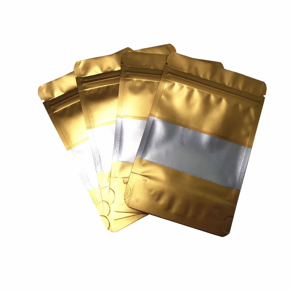 100Pcs Gold Zip Lock Mylar Foil Stand Up Bag with Frosted Window Heat Seal Tear Notch Food Storage Doypack Candy Tea Pouches