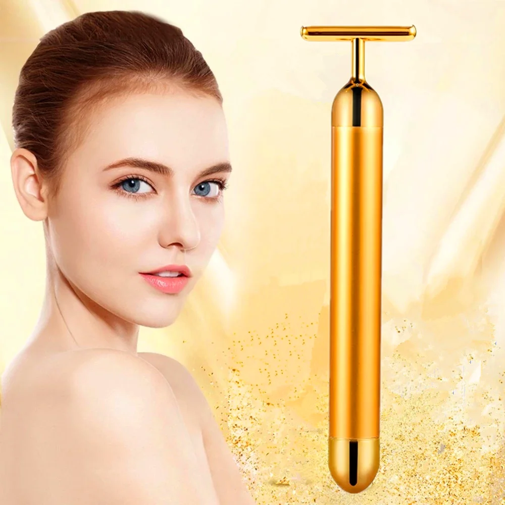 24K Gold Roller Vibrating Facial Massager Slimming Facial Skin Beauty Bar Pulse Firming Face Massage Lift Tightening Wrinkle Bar