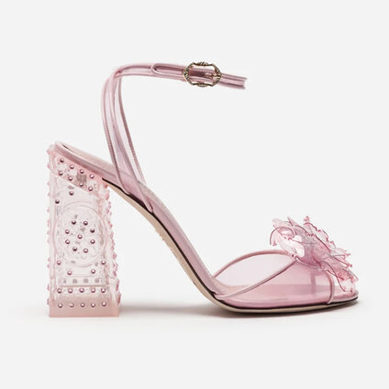 Pink Flower Clear PVC Sandals for Women Chunky High Heel Lady Bridal Wedding Shoes on Heels Transparent High Heels Plus Size