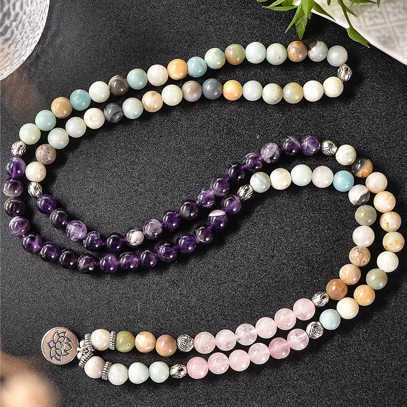 108 Mala 8mm Natural Amethyst Amazonite Rose Quartz Beaded Elastic Cord Wrap Bracelet Yoga Jewelry Men and Women Charm Bangle