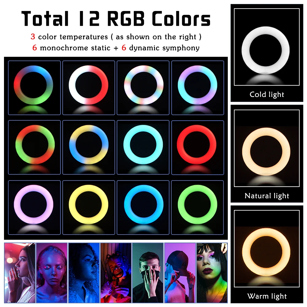 14 inch 35.6cm RGB Ring Light Tripod LED Round Lamp Selfie Stick Tripod with Stand RGB 15 colors Video Light for Youtube